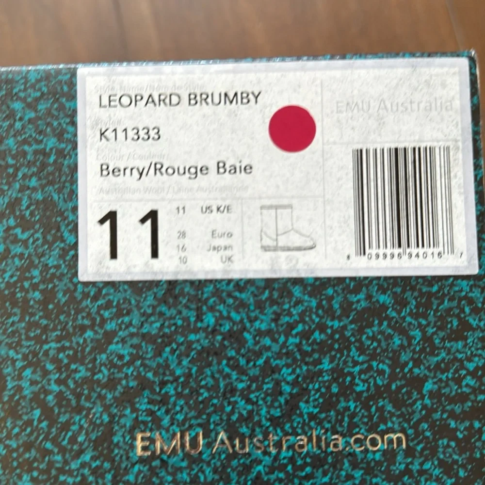 Size 11 EMU Australia leopard brumby berry rogue water proof suede wool boots